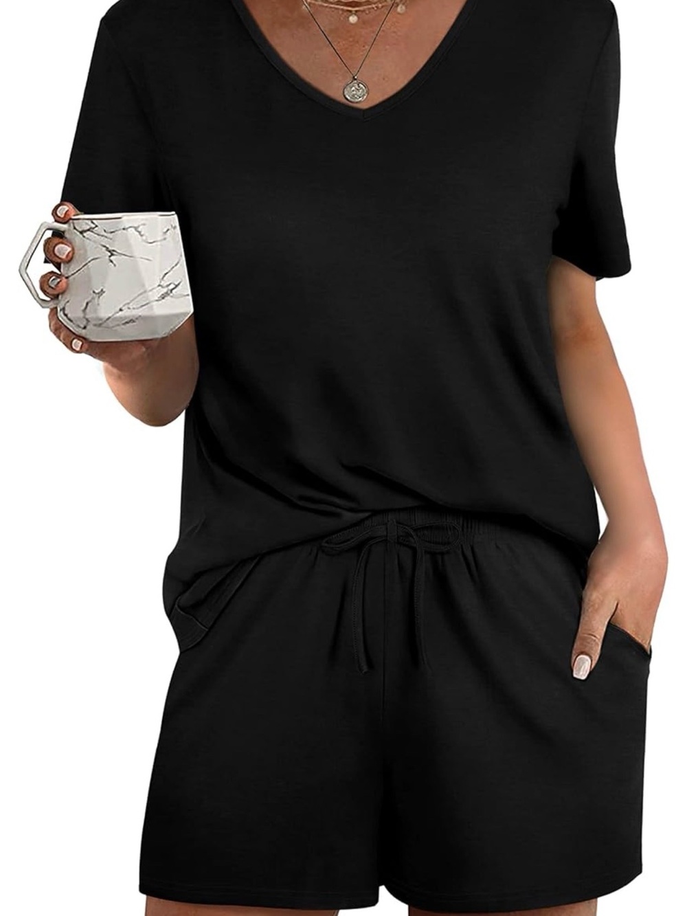 Black V-Neck Short Sleeve Lounge Set for Women